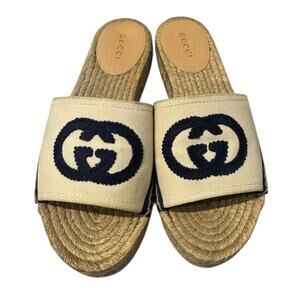 Gucci Beige and Navy Espadrille Sandals Sz 36